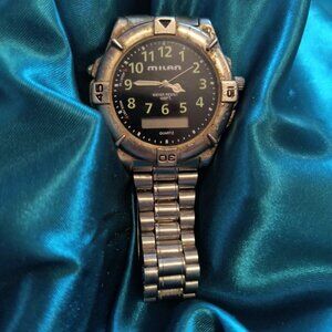 Men's MILAN Silver Tone Band & Black Face Watch with Day/Date